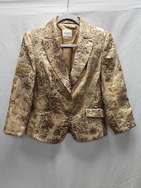 TUZZI Metallic Brocade Blazer Gold Brown Animal Print Jacquard Jacket